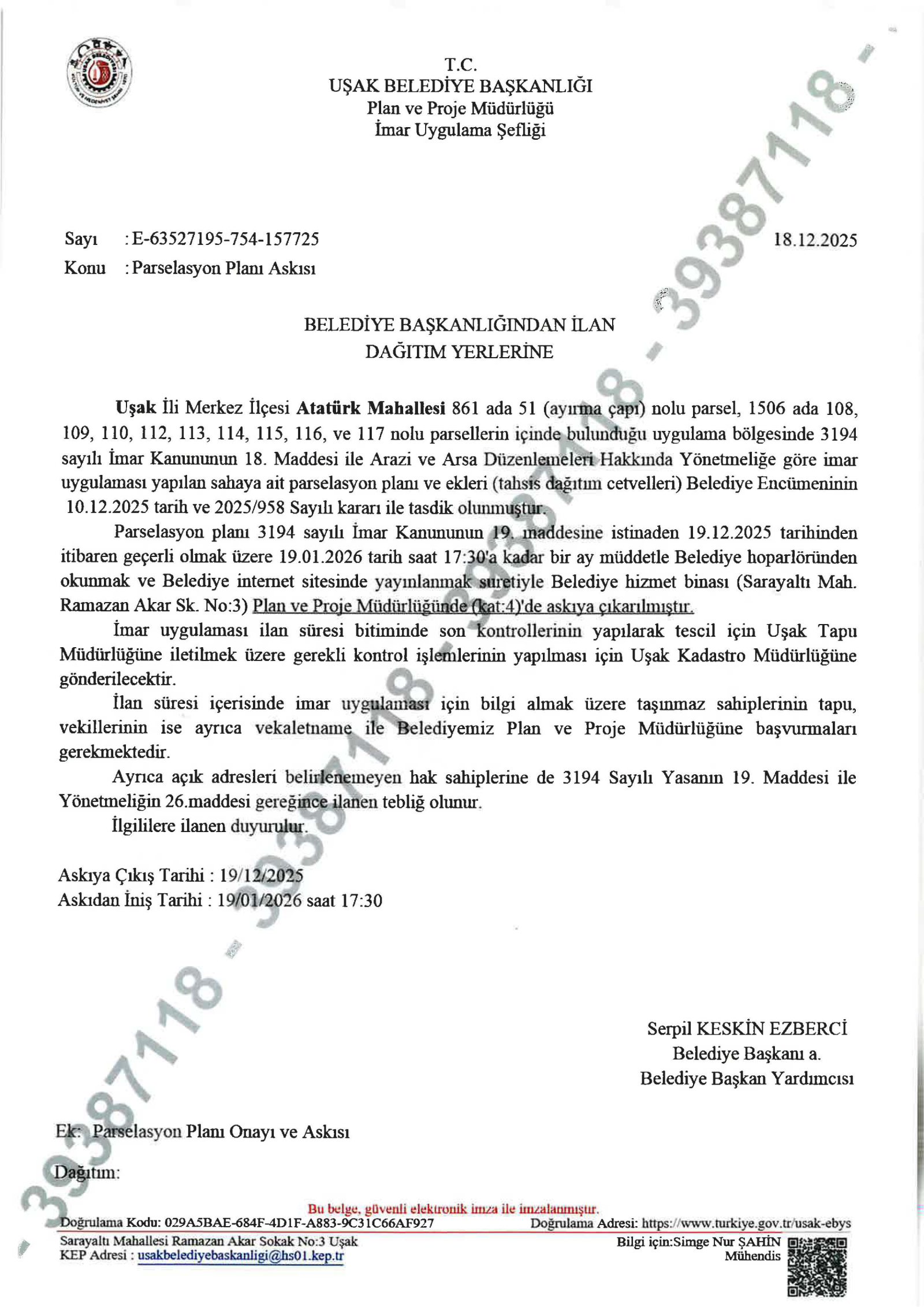 Atatürk Mahallesi 861 ve 1506 adalar 18. Madde Uygulaması Parselasyon Planı Askı İlanı