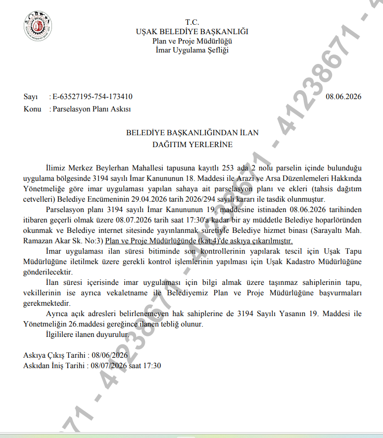 Beylerhan Mahallesi tapusuna kayıtlı 253 ada 2 nolu parselde 18. Madde Uygulaması Parselasyon Planı Askı İlanı