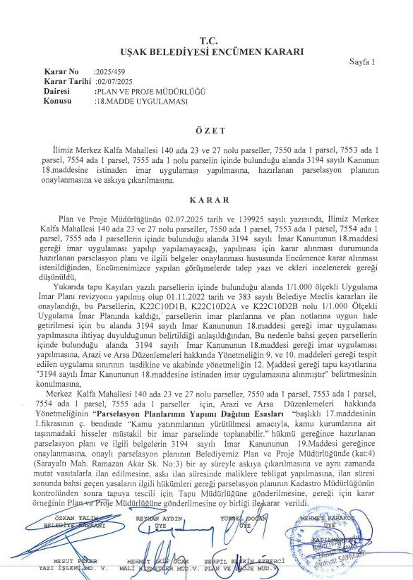 Kalfa Mahallesi 140, 7550, 7553, 7554, 7555 adalar Muhtelif Parsellerde 3194 Sayılı İmar Kanununun 18. Madde Uygulaması Yapılmaktadır.
