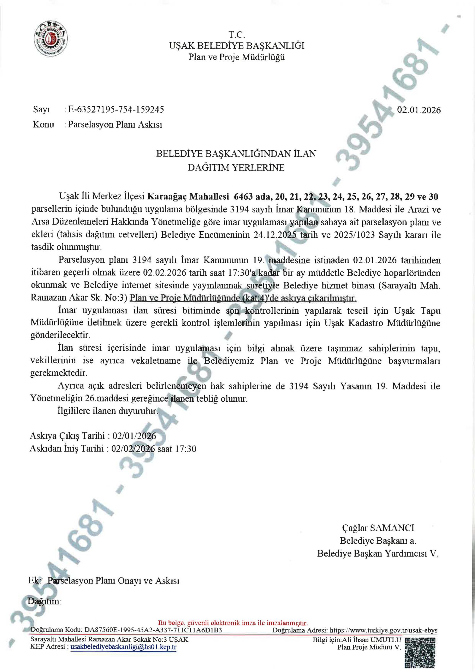 Karaağaç Mahallesi 6463 ada 18. Madde Uygulaması Parselasyon Planı Askı İlanı