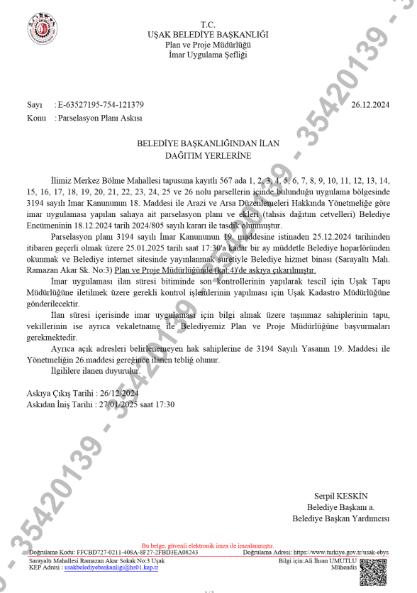 Bölme Mahallesi 567 Ada Muhtelif Parsellerde 3194 Sayılı İmar Kanunuunun 18. Madde Uygulama Çalışması Yapılmaktadır.