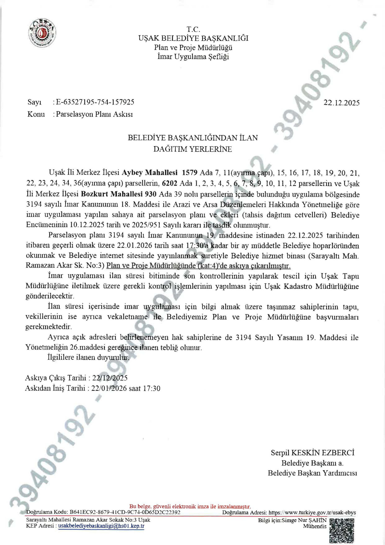 Aybey Mahallesi 1579 ve 6202 adalar ile Bozkurt Mahallesi 930 ada 18. Madde Uygulaması Parselasyon Planı Askı İlanı