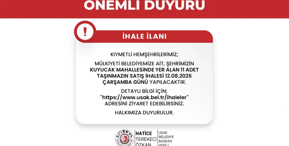 Kuyucak Mahallesinde Yer Alan 11 Adet Taşınmazın Satış İhalesi