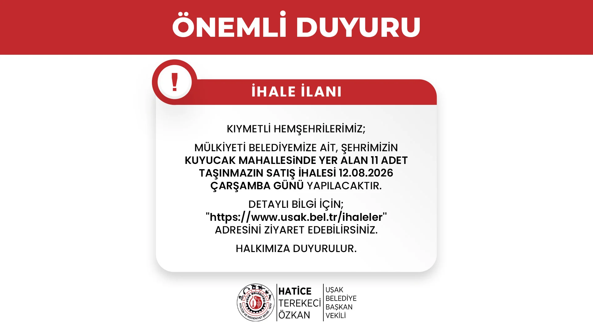 Kuyucak Mahallesinde Yer Alan 11 Adet Taşınmazın Satış İhalesi Uşak Belediyesi